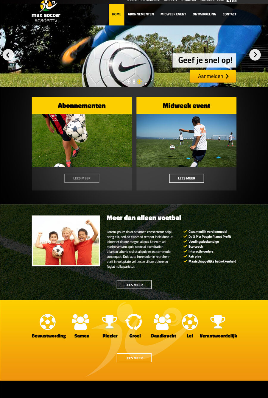 Ontwerp van de Max Soccer Academy website — Magento store view