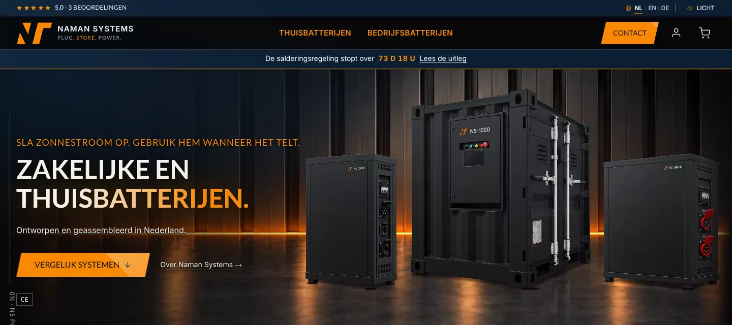 De homepage van de webshop van Naman Systems: zakelijke en thuisbatterijen