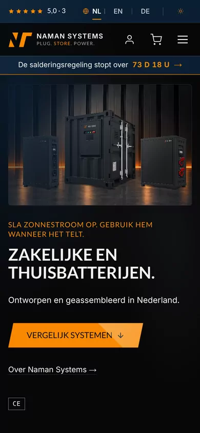 De webshop van Naman Systems op een telefoon: zakelijke en thuisbatterijen
