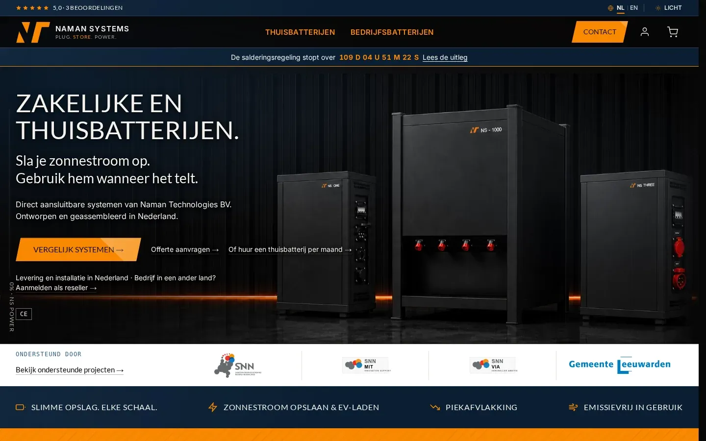 Homepage van de Naman Systems webshop met drie routes: vergelijken, offerte aanvragen en huren