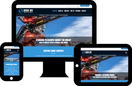 De website van SIOS Cranes op desktop, tablet en telefoon