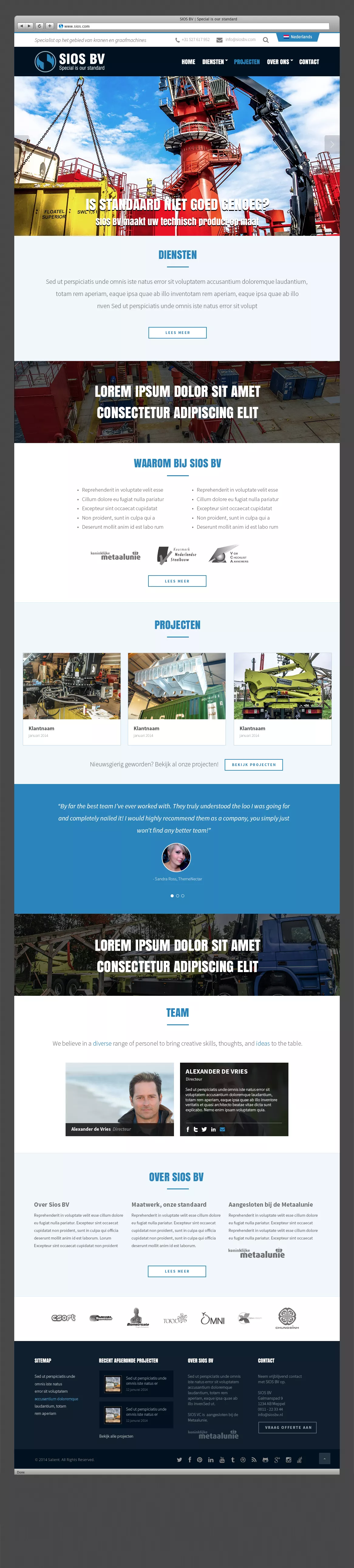Volledig webdesign van de SIOS Cranes website, homepage van boven tot onder